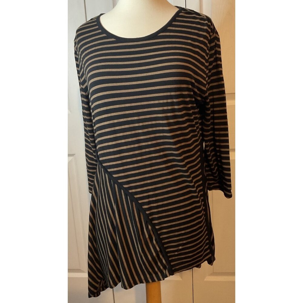 Multiples Black Brown Striped Tunic Top 3/4 Sleeve Size Large‎